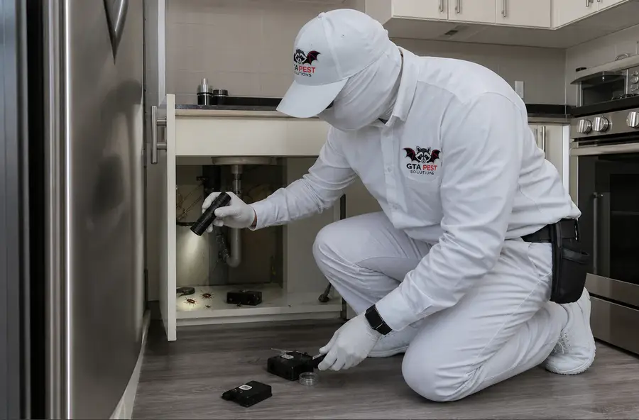 Technician inspecting kitchen cabinets and plumbing areas for cockroaches