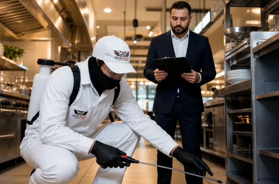 Pest technician inspecting a commercial property for pest activity