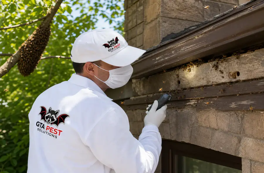 Technician inspecting an active bee colony around a home