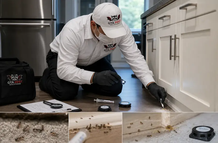 Professional ant inspection and targeted treatment in a kitchen