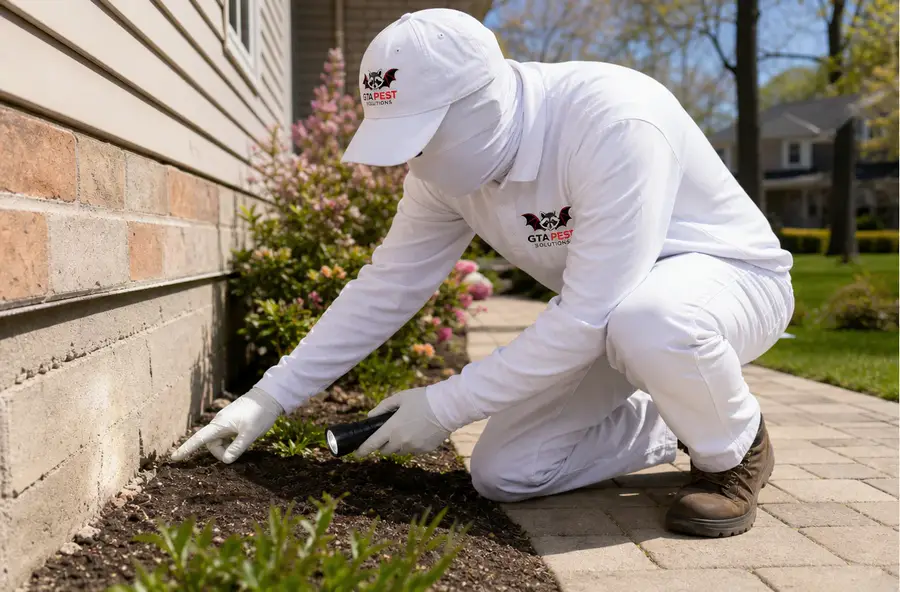 Pest technician inspecting for ants around a home's foundation