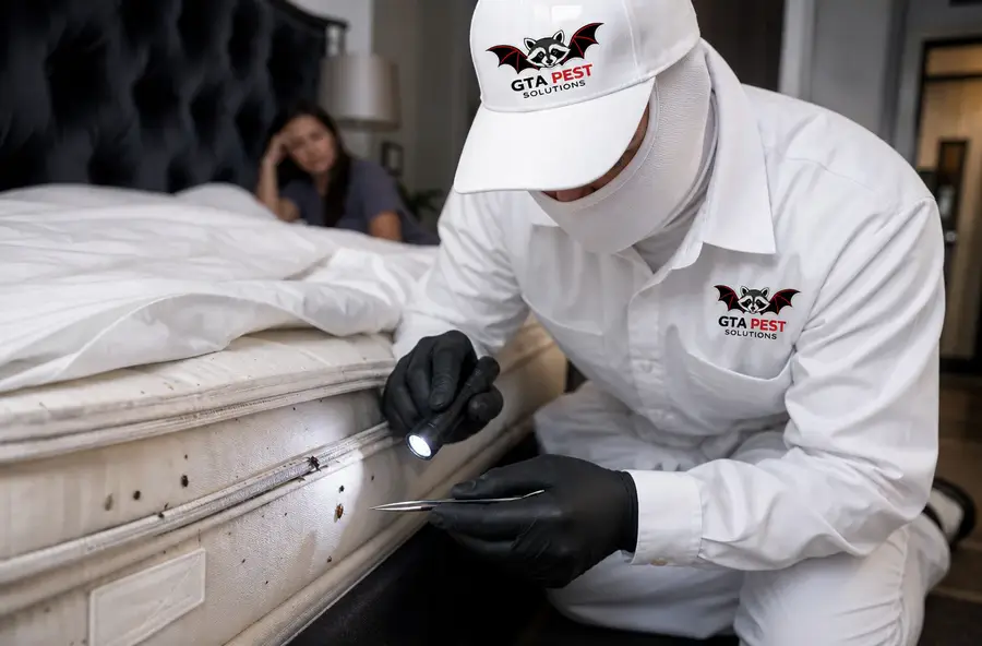 Professional bed bug inspection around a mattress and bed frame