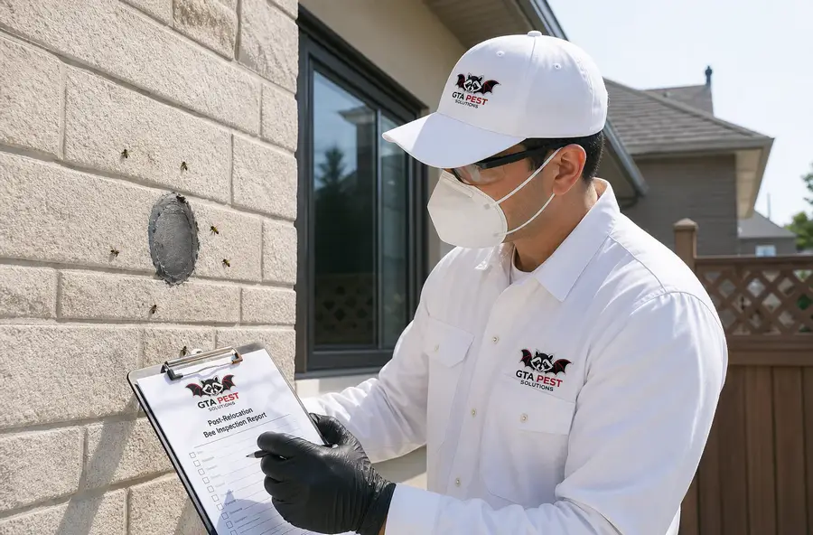 Technician inspecting a wall after honey bee colony relocation