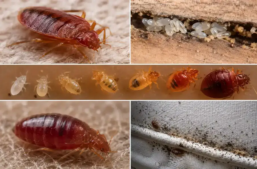 Common bed bug life cycle showing eggs, nymphs and adult bed bugs