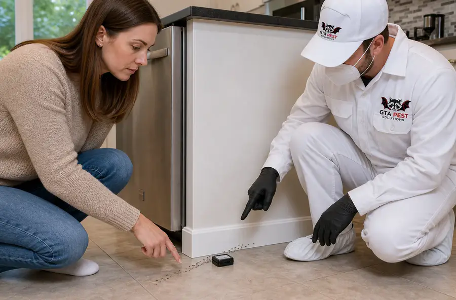 Technician advising a homeowner about ant bait treatment