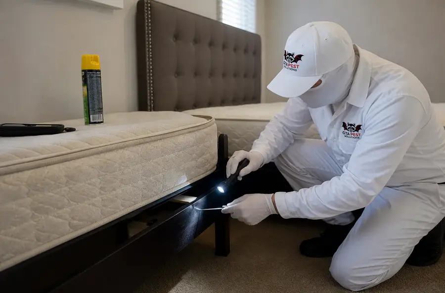 Professional technician inspecting a bed after DIY bed bug treatment