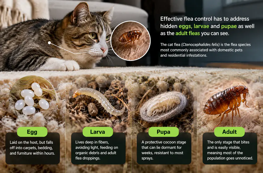 Flea life cycle showing eggs, larvae, pupae and adult fleas