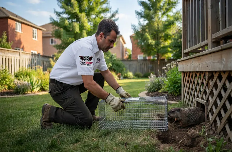 Groundhog in a residential yard near a home