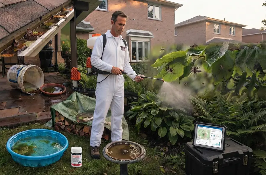 Pest technician applying treatment around a home's exterior