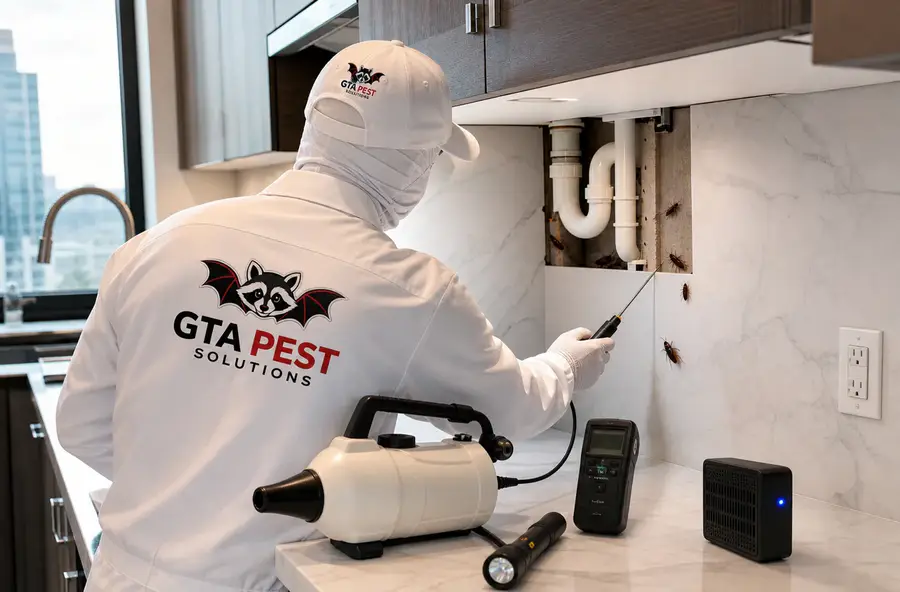 Professional cockroach treatment around kitchen plumbing and cabinets