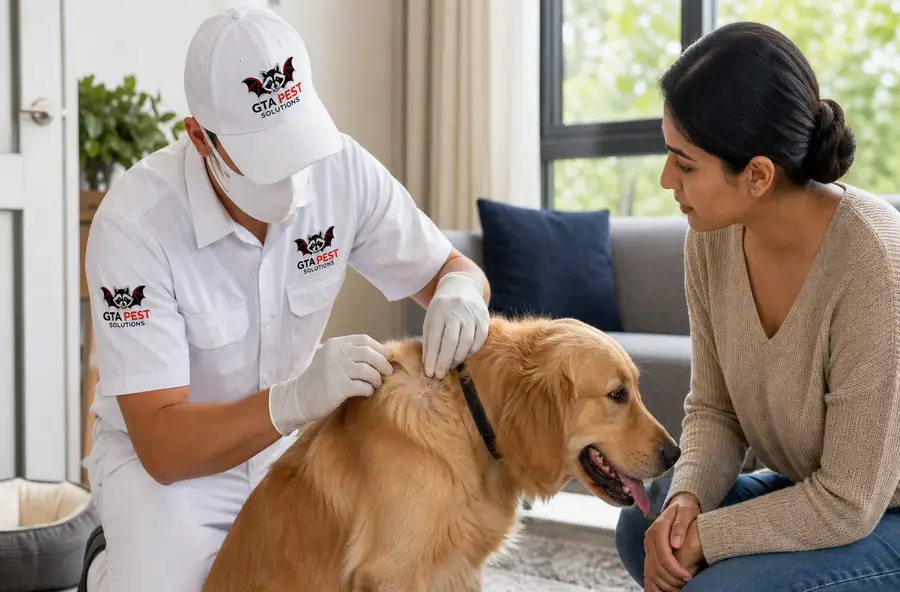 Pest technician applying professional flea treatment in a home