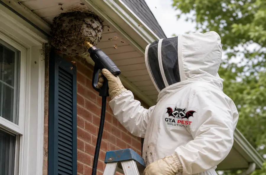 Pest technician safely treating a wasp nest on a home exterior