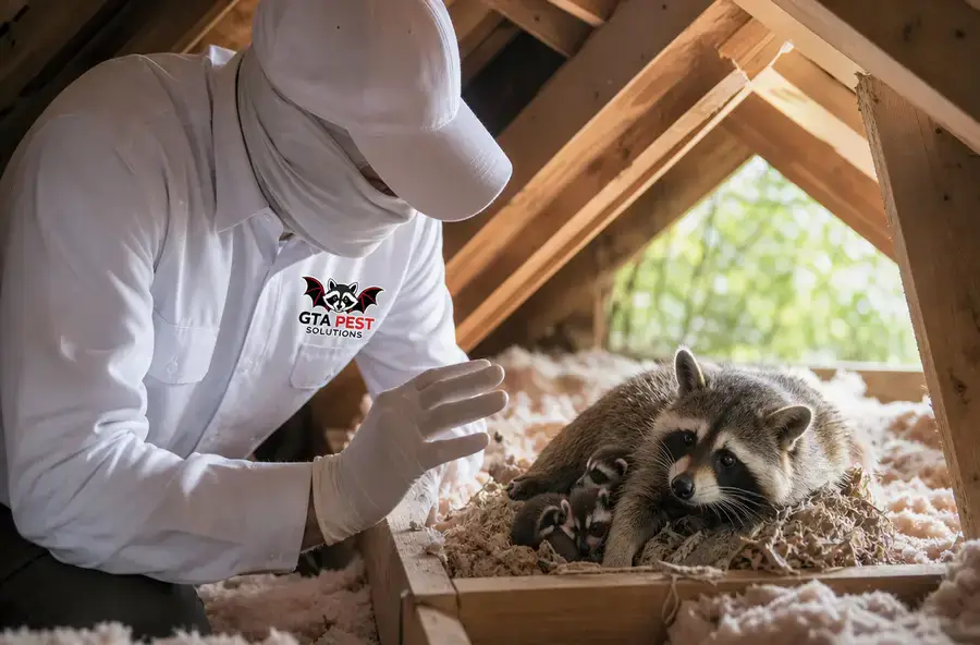 Raccoon mother and babies in a residential attic