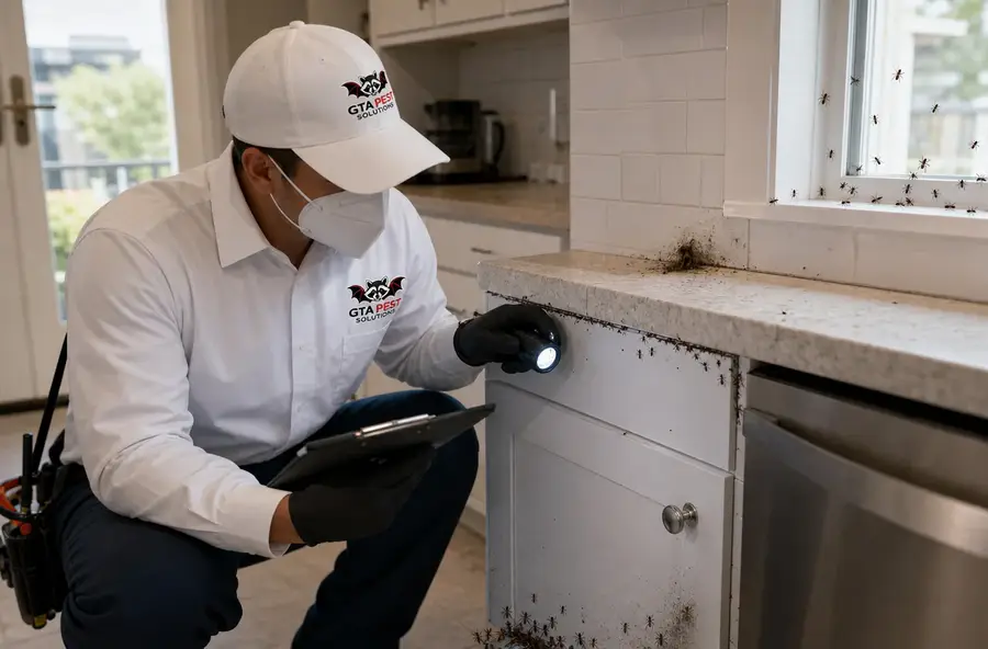 Pest technician inspecting ants around kitchen cabinets