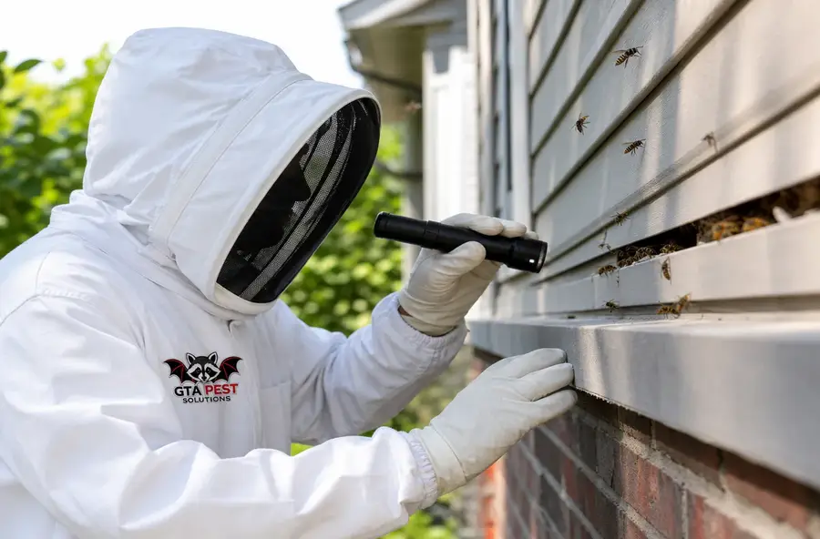 Wasp nest attached beneath a home's roof eaves