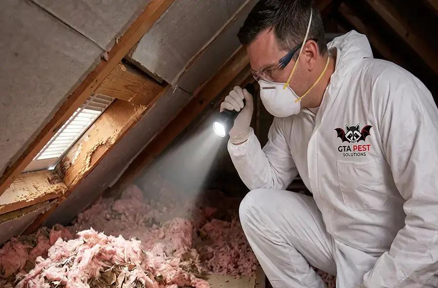 Signs of squirrel activity and damage in a home attic
