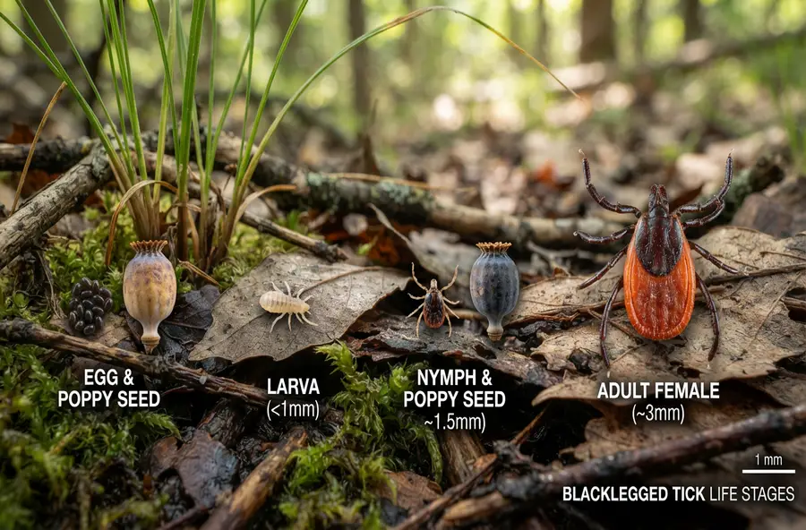 A realistic close-up showing the different life stages of a blacklegged tick, including egg, larva, nymph, and adult, with emphasis on the tiny nymph stage commonly found in wooded and grassy areas around Toronto.