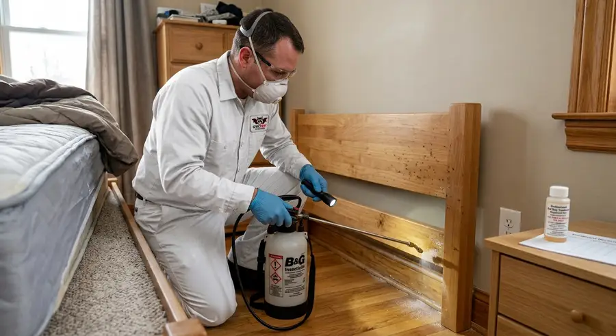 A pest control specialist wearing a white uniform with a GTA Pest Solutions logo badge, mask, and gloves applies chemical insecticide treatment to cracks and crevices of a wooden bed frame using a sprayer and flashlight