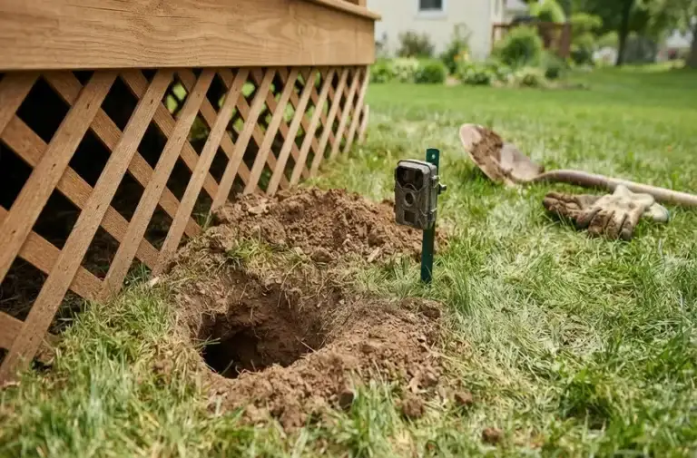 Groundhog burrow near a residential home foundation