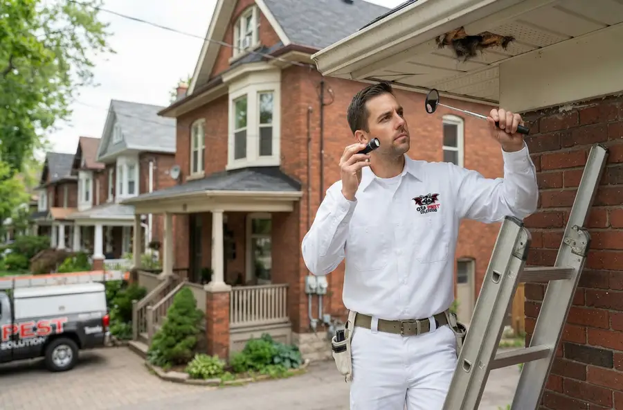 Wildlife technician inspecting a Toronto home for raccoons