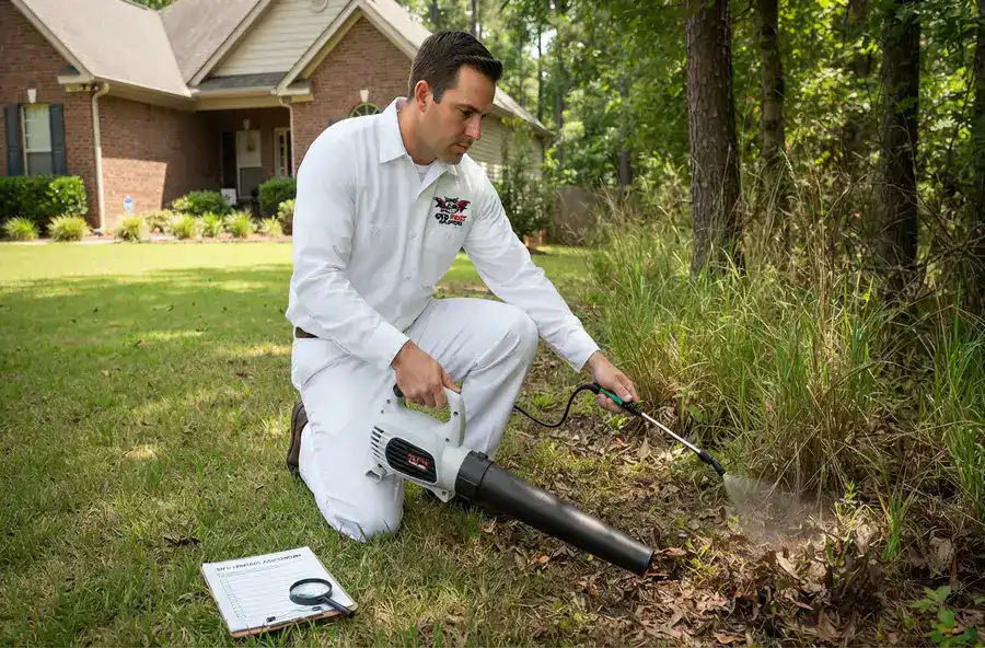 Technician applying professional tick control treatment around a yard